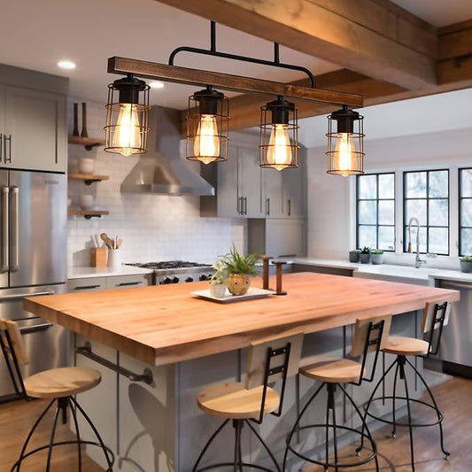 Kitchen Island Lighting,Farmhouse Dining Room Light Fixtures,Rustic Linear Pendant Lighting for Kitchen Island Dining Living Room,Black Metal & Wood