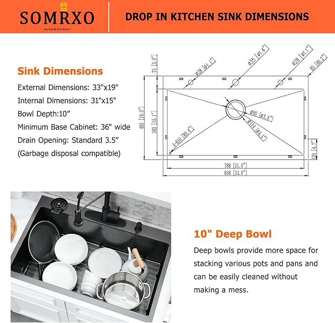 33×19 Drop In Kitchen Sink with Faucet Combo-Stainless Steel Black Drop In Sink with Cup Washer, 9 Inch Deep Single Bowl Kitchen Sinks and Faucets Combo Set,Top Mount Design for Modern Kitchens