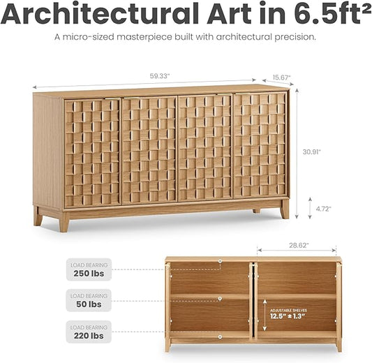 MALOL Sideboard Buffet Cabinet with Storage, Modern 4-Door Buffet Table with 3D Checkerboard Doors & Solid Wood Legs, Large Coffee Bar Cabinet for Dining Room, Living Room, Entryway, Neutral Wood