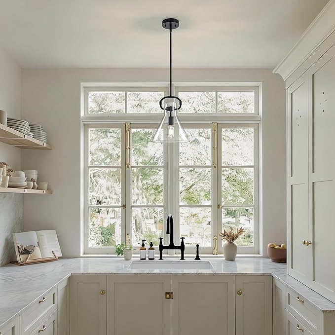 GoYeel Black Glass Pendant Light 9.8", Farmhouse Hanging Lighting 1 Light Kitchen Island Light Fixtures with Funnel Glass Shade for Kitchen Over Dining Table, E26 Base,Adjustable Height,Dimmable