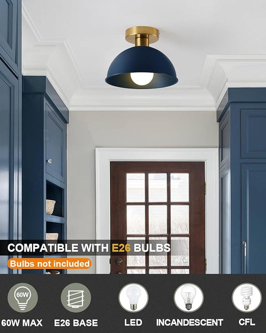 Industrial Semi Flush Mount Ceiling Light with Gold Plate and Blue Shade, Farmhouse Ceiling Light Fixture for Kitchen Island Dining Room Foyer Hallway Porch Barn Loft,10in