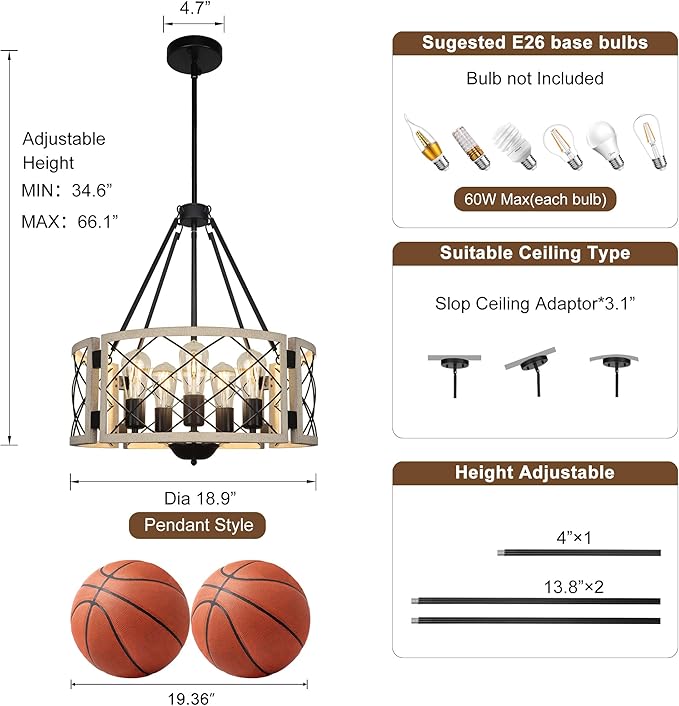 Sigaitwei 18.9'' Farmhouse Drum Chandelier, 5-Light Adjustable Dining Room Light Fixture Kitchen Island Lighting, Rustic Hanging Lights for Entryway Dining Room Kitchen Table Foyer Living Room.