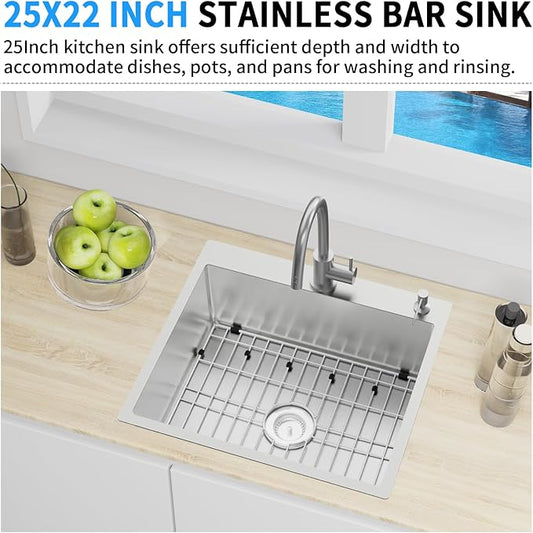25x22 Inch Stainless Steel Kitchen Sink - Drop In Single Bowl Topmount Kitchen Sink Come With Bottom Grid, Silicon Mat And Drain Assembly Set Stylish and Modern Look Add Elegance & Enhance Usability