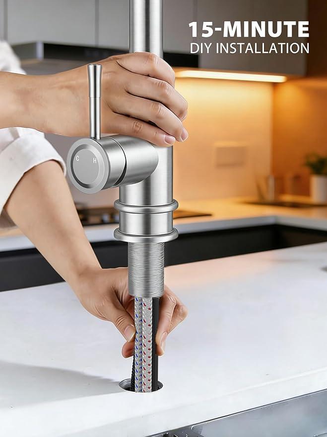 Hiqufet Vintage Kitchen Faucets with Pull Down Sprayer, Stainless Steel High Arc Kitchen Sink Faucet, Drip-Free 3 Spray Mode Faucet with 360° Rotation, Easy DIY Single Hole Install (Brushed Nickel)