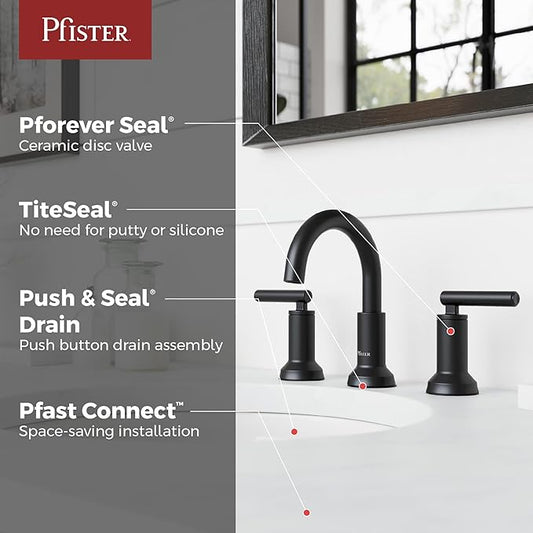 Pfister Capistrano 8 in Widespread 3 Hole Matte Black Bathroom Sink Faucet with 2 Handles, Push & Seal Drain, NSF Certified, Spot Defense Finish for Vanity LF049CSOSDB
