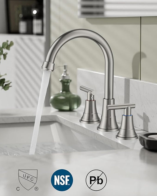 FORIOUS Brushed Nickel Bathroom Faucet 3 hole, 2 Handle 360° Swivel Gooseneck 8 Inch Widespread Bthroom Sink Faucet Brushed Nickel 3 Hole with Hot and Cold Water Hose, Farmhouse Restroom renovation