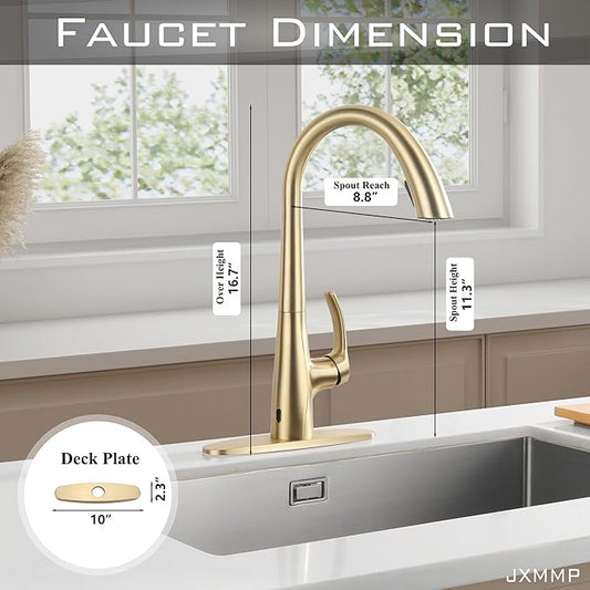 Touchless Kitchen Faucet with Pull Down Sprayer, Brushed Gold Motion Sensor Kitchen Faucet, Stainless Steel Hands Free Faucet for Kitchen Sink 1 or 3 Hole