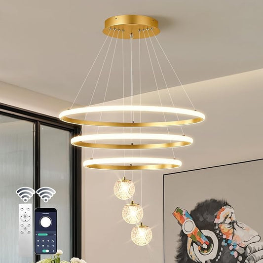 ORANOOR LED Modern 3 Ring Chandeliers for Dining Room, 24in Dimmable Kitchen Pendant Lamp, Gold Dining Room Light Fixtures Ceiling Hanging Over Table, Globe Round Chandeliers for Living Room Bedroom