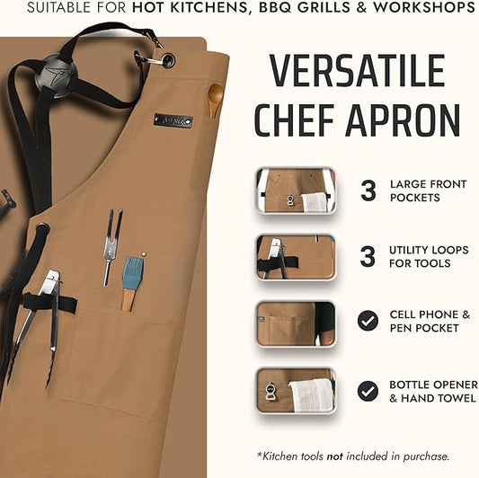 Asaya Chef and BBQ Apron with Bottle Opener and Hand Towel - 10oz Cotton Canvas, Stainless Steel Hardware - Cross Back Straps