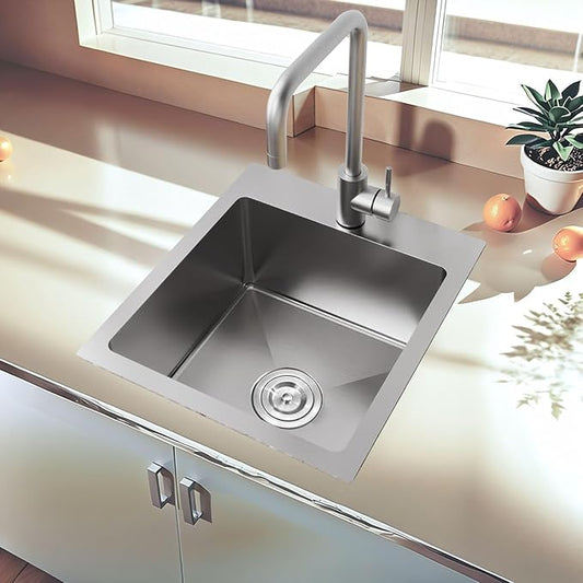 15x17 Inch Bar Sink Drop In, Topmount Kitchen Sink Stainless Steel Square Small Sinks, Single Bowl Kitchen Sinks for Laundry Wet Bar Prep RV Office Outdoor Yard with Grid & Drain