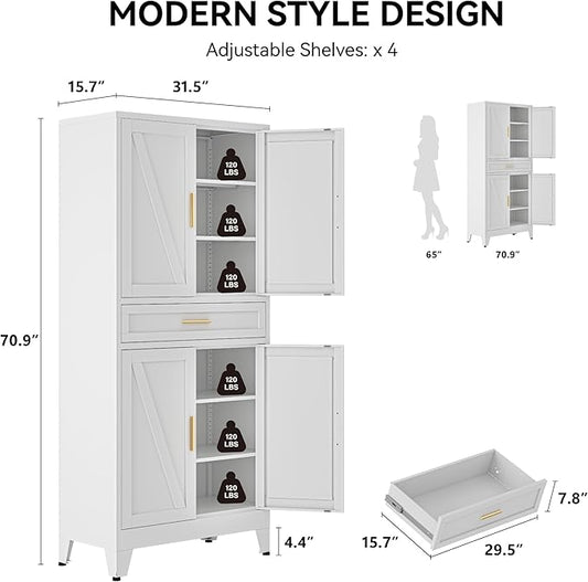 COFaR 71" Tall Pantry Cabinet with Drawer, White Storage Cabinet with Adjustable Shelves, 3-Section Freestanding Cupboard for Kitchen Organization