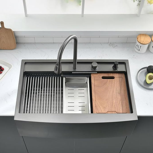 33 Inch Farmhouse Kitchen Sink Splash Guard Waterfall Workstation Black- VOKIM 33x22Inch Apron Front Kitchen Sik Stainless 16 Gauge Farm Sink With Multifunctional Top Loading Flying Rain pull-out