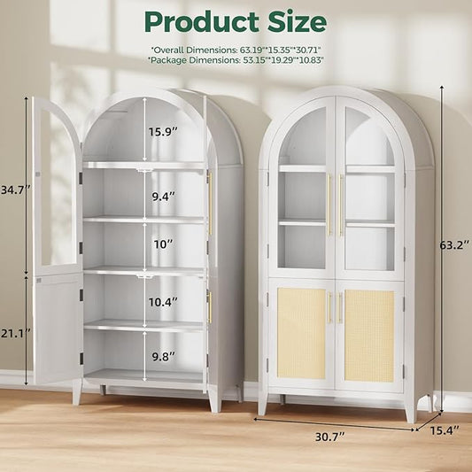 63” Tall Arched Kitchen Pantry Cabinet, 5-Tier Modern Farmhouse Flute Pantry with Adjustable Shelves, Kitchen Storage Cabinet for Kitchen, Dining Room, Living Room, White
