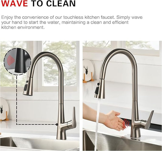sumerain Motion Sensor Activated Kitchen Sink Faucet with Pull Down Sprayer, Brushed Nickel Touchless Kitchen Faucet Smart Hands Free