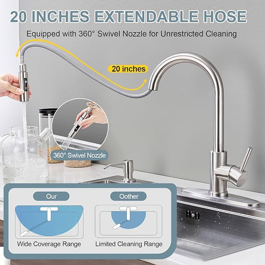 Kitchen Faucets with Soap Dispenser, Brushed Nickel Single Handle High Arc Stainless Steel Sink Faucet with Pull Down Sprayer, 1 or 3 Hole Deck Plate Mount for Bar, RV, Laundry, Outdoor