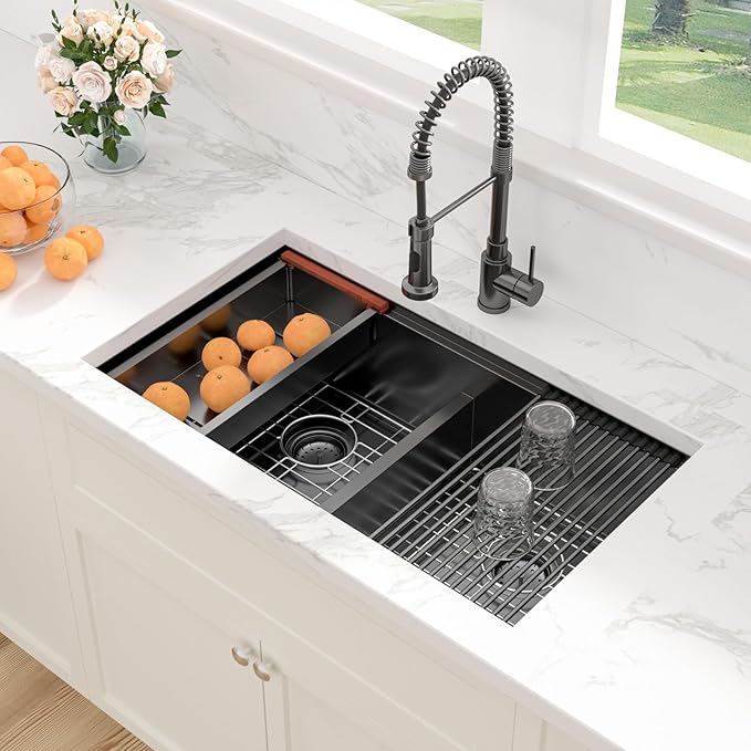 Sarlai 33 Inch Black Undermount Kitchen Sink Double Bowl 33 x 19 Inch Low Divided Gunmetal Black Workstation Double Kitchen Sink Stainless Steel 16 Gauge 50/50 Sinks Basin