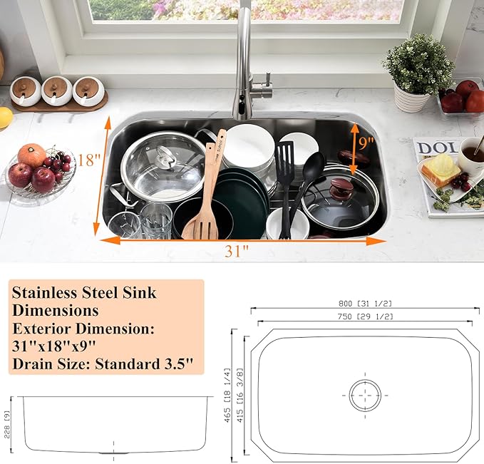 31 Inch Undermount Kitchen Sink Stainless Steel-Bokaiya 31x18 Stainless Steel Kitchen Sink Single Bowl 16 Gauge Large Corner Under Mount Sinks with Dish Grid