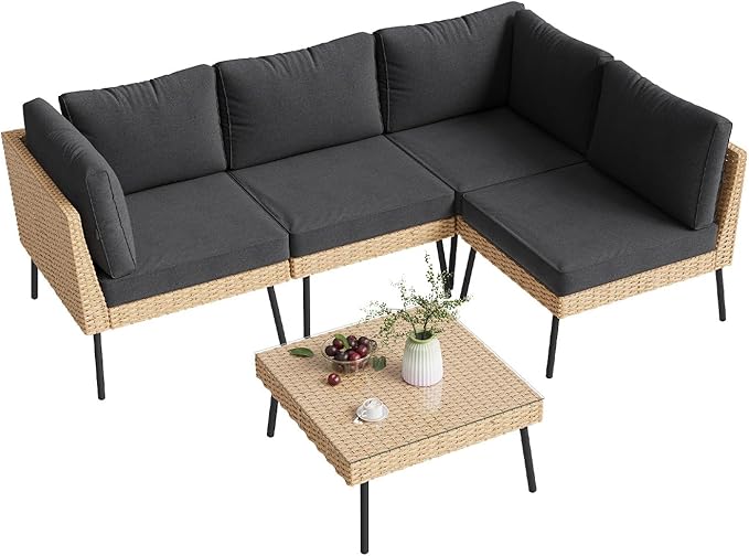 Aoxun 5-Piece Patio Furniture Set, Wicker Outdoor Furniture with Water Resistant Thick Cushions, Patio Conversation Set Outdoor Sectional Sofa with Coffee Table for Backyard Poolside, Black
