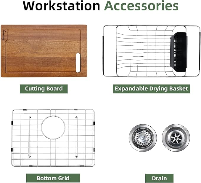 Davivy 22 Inch Black Granite Composite Kitchen Sink Workstation, 22 x 18 Black Undermount/Drop In Kitchen Sink, Deep Quartz Single Bowl with Accessories