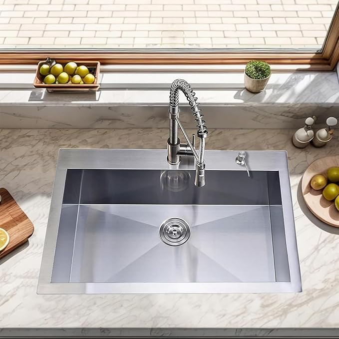 VAPSINT 28 Inch Drop in Kitchen Sink, 28x18 Inch Top Mount 16 Gauge Commercial T304 Stainless Steel Sink for Kitchen, 9 Inch Deep Handmade Single Bowl Basin Laundry Utility Wet Prep Sink, Fregadero