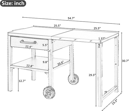 JIJIWANG 54.7" Outdoor Kitchen Island with Stainless Steel Top and Foldable Table, Kitchen Island with Drawer and Shelf, BBQ Cart with Wheels for Backyard Patio Gray