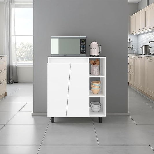 Microwave Sideboard Cabinet, Freestanding White Kitchen Pantry with 2-Door Storage 3 Open Shelves and Appliance Surface for Compact Kitchen Organization