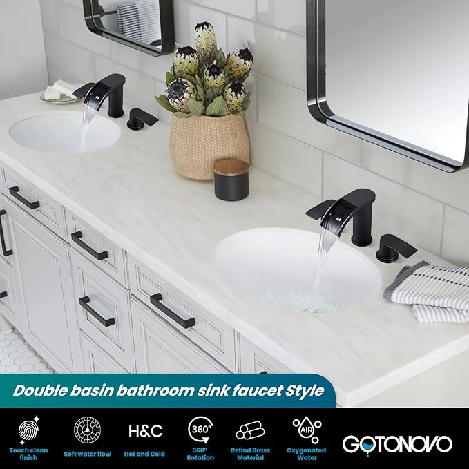 gotonovo Waterfall 8 inch Widespread Bathroom Faucet Set Bathroom Sink Faucet 3 Hole 2 Handle Vanity Lavatory Deck Mount with Pop Up Drain and Water Supply Lines Round Body Matte Black