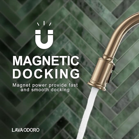 Lava Odoro Curtura Champagne Gold Kitchen Faucet with Pull Down Sprayer, Single Handle Kitchen Sink Faucet with 3-Function Magnetic Sprayer for Sink 1 or 3 Hole, 1.8 GPM, KF421-CB-M