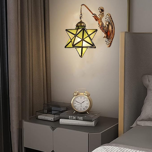Moravian Star Wall Light with Tiffany Stained Glass Cover, Vintage Rustic Industrial Wall Sconce Retro Wall Mount Lamps Fixture 1-Light,Green