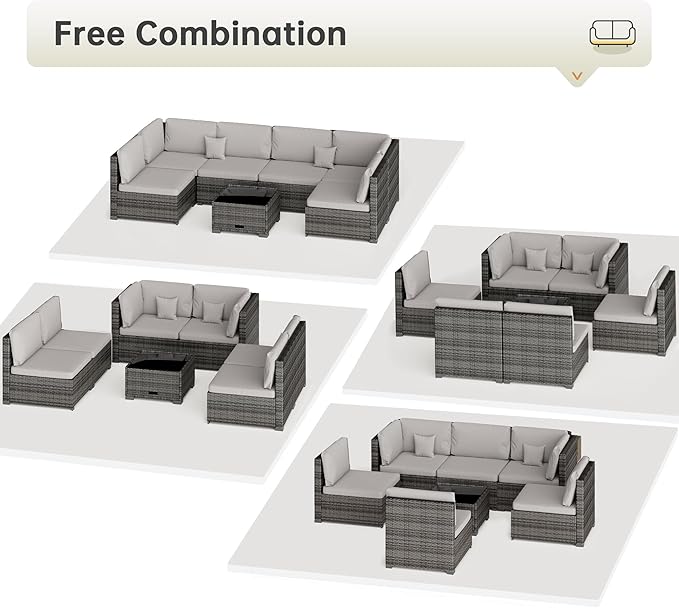 LHBcraft 7 Piece Patio Outdoor Furniture Set, Outdoor Sectional, All-Weather Hand-Woven Wicker Patio Sectional Sofa, Rattan Outside Furniture with Grey Cushion and Glass Coffee Table