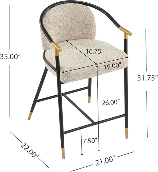 Set of 2 Upholstered Counter Stools - 26" Seat Height Almond Boucle Stools with Sturdy Iron Frame, Gold Trim+Black Base, Contemporary Design for Kitchen Island/Home Bar/Dining Area