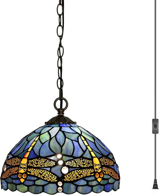 Tiffany Pendant Light Plug-in Stained Glass Hanging Lamp 12”x12”x181” Blue Dragonfly Swag Light Vintage Lamp Decorative Lighting for Dining Room Living Room Kitchen Hallway Bedroom