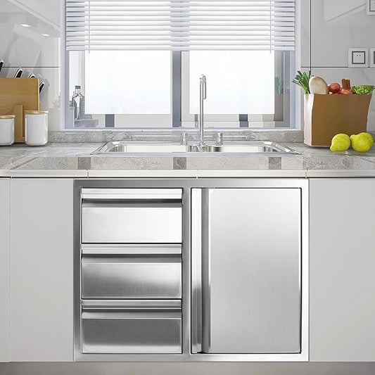 Outdoor Kitchen Drawer Combo, Stainless Steel Sealed Storage Combo with Triple Drawers, Outdoor Kitchen for BBQ Island, Grilling Station, Outside Cabinet (27.8" W x 21.8"D x 19.6" H)(Left Drawer)