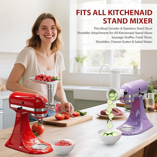 21Pcs Meat Grinder & Cheese Grater Attachment for KitchenAid Stand Mixer, with 4 Grinding Plates, Metal Sausage Stuffer Tubes, 4 Slicer Shredder Attachment, Kitchen Aid Accessories and Attachments