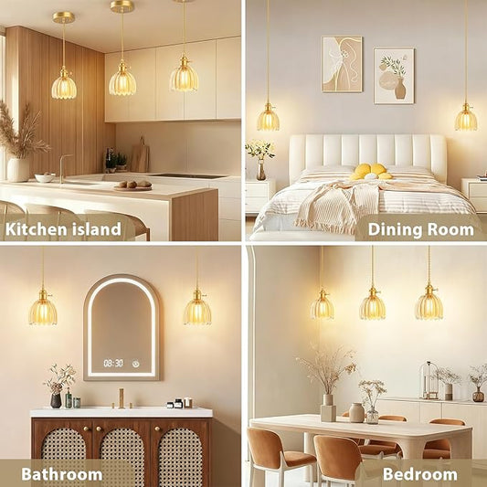 Ralbay 3 Pack Pendant Lights with Amber Tulip Glass Lampshade, Mini Pendant Light Fixture with Switch, Adjustable Vintage Brass Hanging Light for Kitchen Island Bedroom Dining Room Hallway