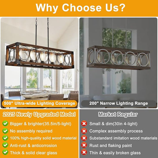 35.5" Dining Room Light Fixture/Chandelier Over Table, 5-Light Rustic Wood Kitchen Island Lighting with Clear Glass Shade Farmhouse Hanging Pendant Lights Fixtures for Kitchen Island Dining Room Bar