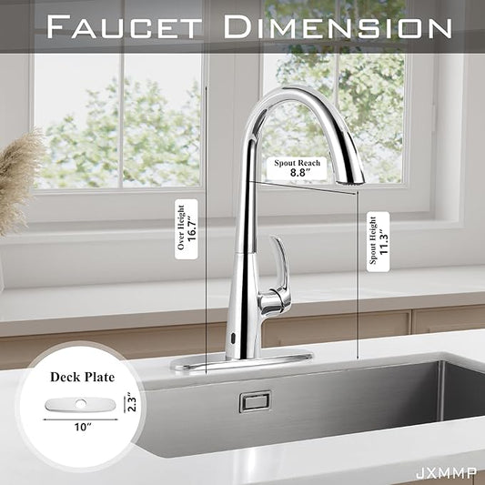 Chrome Kitchen Faucet with Pull Down Sprayer Single Hole, Motion Sensor Touchless Single Handle Kitchen Sink Faucet, Stainless Steel Hand Free Sink Faucet for Kitchen 1 or 3 Hole
