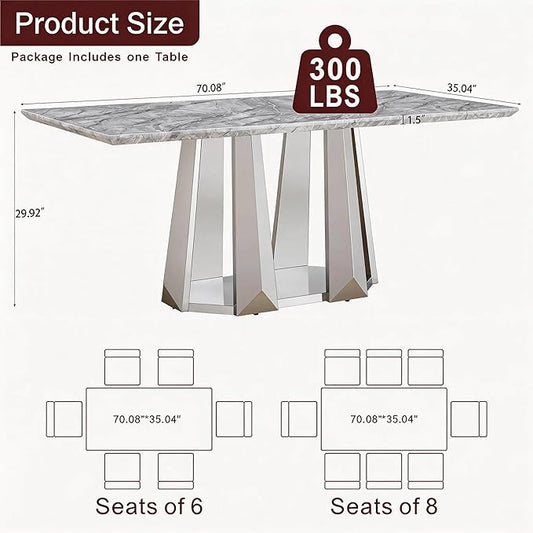 70" Marble Dining Table for 6-8, Modern Luxury Silver Rectangular Large Kitchen Table, Marble Grain MDF Tabletop & Stainless Steel Base, Dinner Furniture for Kitchen Dining Room, Meeting Room, Grey