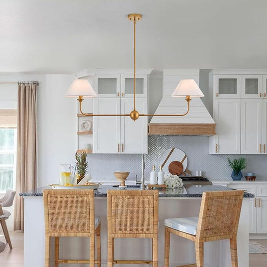 Modern Linear Chandeliers for Dining Room, Gold Island Light Fixtures with Off-White Fabric Shade, Rustic Linear Pendant Light for Kitchen