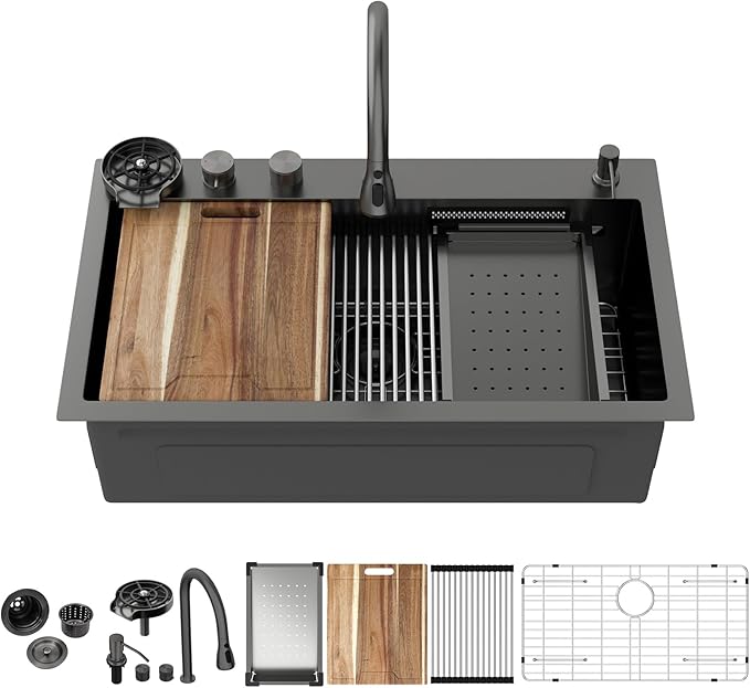 Kichae 33 Black Kitchen Sink Drop In Waterfall - 33x19 Drop Sink Stainless Steel 16G Single Bowl Waterfall Kitchen Sinks Workstation Handmade with Faucet & Glass Rinser