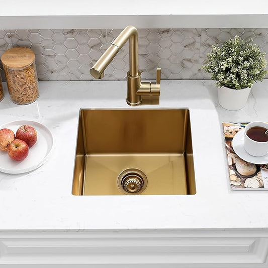 15 Inch Gold Undermount Bar Sink, 15x15 Bar Sink Undermount Gold Small Wet Bar 18 Gauge Single Bowl Stainless Steel Kitchen Sinks with Basket Strainer