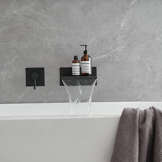 BWE Wall Mount Bathtub Faucet Matte Black Single Handle Bathtub Faucet with Rough in Valve High Flow Waterfall Tub Spout