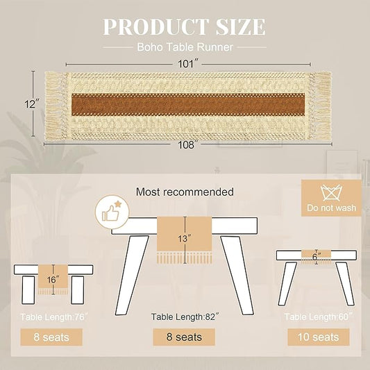FEXIA Boho Table Runner for Home Decor with Tassels 108 Inches Long,Caramel Farmhouse Rustic Table Runner Macrame Burlap Table Decoration for Living Room Bridal Shower(12x108 Inches)