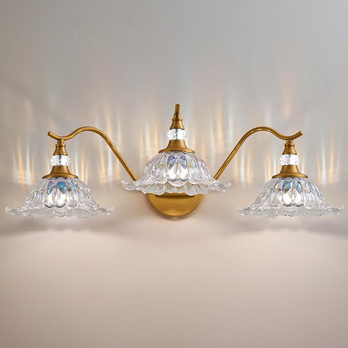Vintage Bathroom Vanity Light Fixtures - 3 Light Iridescent Flower Glass Antique Brass Bathroom Lights Fixture Over Mirror,Retro Brushed Gold Bronze Wall-Mounted Vanity Lighting for Powder Room