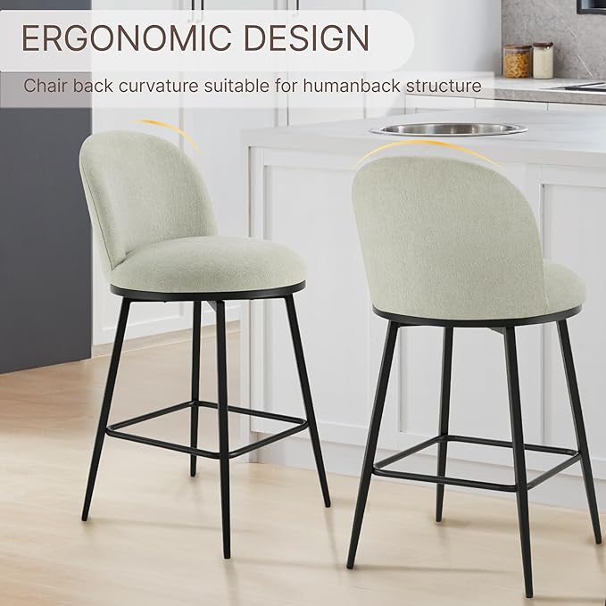 26" Counter Height Swivel Bar Stools Set of 2, Upholstered Linen Fabric Barstools with Backs and Metal Legs for Kitchen Island,Grey