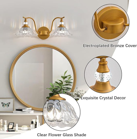 Vintage Bathroom Vanity Light Fixtures - 2 Light Antique Brass Bathroom Lights Fixture Over Mirror with Clear Flower Glass,Retro Brushed Gold Bronze Wall-Mounted Vanity Lighting for Powder Room