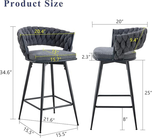 4 Set Swivel Bar Stools with Breathable Linen Cotton Seats 360Β° Rotating Counter Height Stools, Heavy Duty Iron Frame, 300lb Capacity for Kitchen Island, Dining Pub Blackish Gray