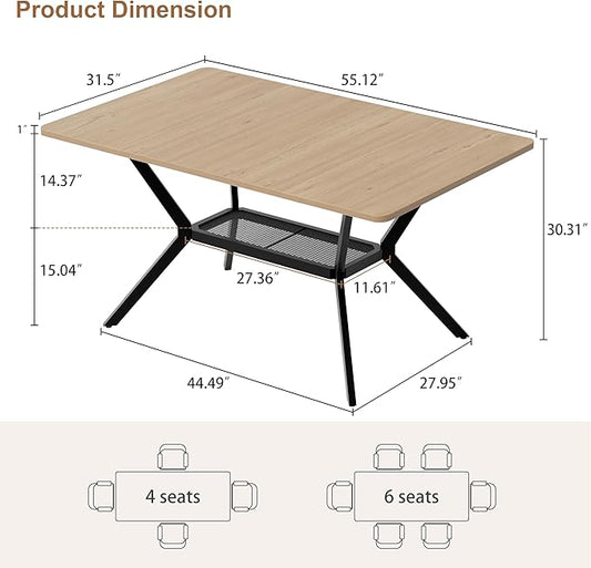 MECHYIN 55" Dining Table for 4-6, Industrial Kitchen Table with Spacious Storage Shelf, Sturdy Metal Frame Rectangular Dinner Table for Dining Room, Small Apartments, Home Office