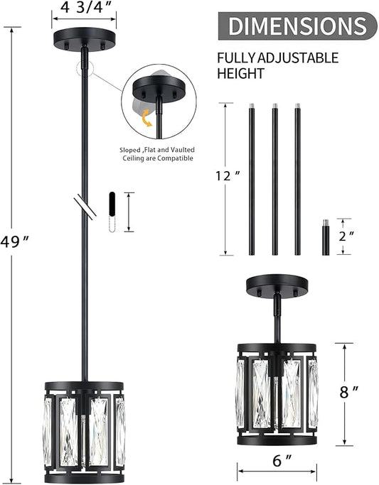 Mini Crystal Semi Flush Mount Ceiling Light, Convertible Hanging Pendant Lighting Fixture for Kitchen Island, Black Drum Shade Close to Ceiling Lights for Hallway Entryway