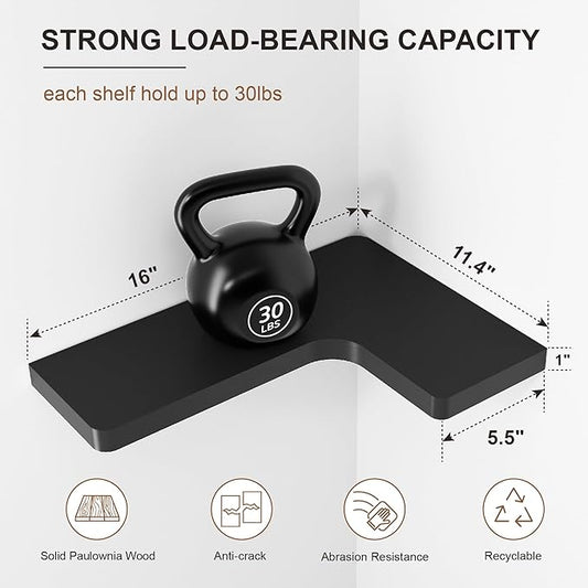 fuqing Corner Floating Shelves for Storage, Set of 3, Solid Wood, Wall Mount Wooden Display Shelf for Bathroom Bedroom Kitchen Garage, Black